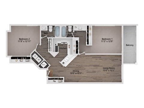 Floor plan for 2 beds, 2 baths, 1236 sqft